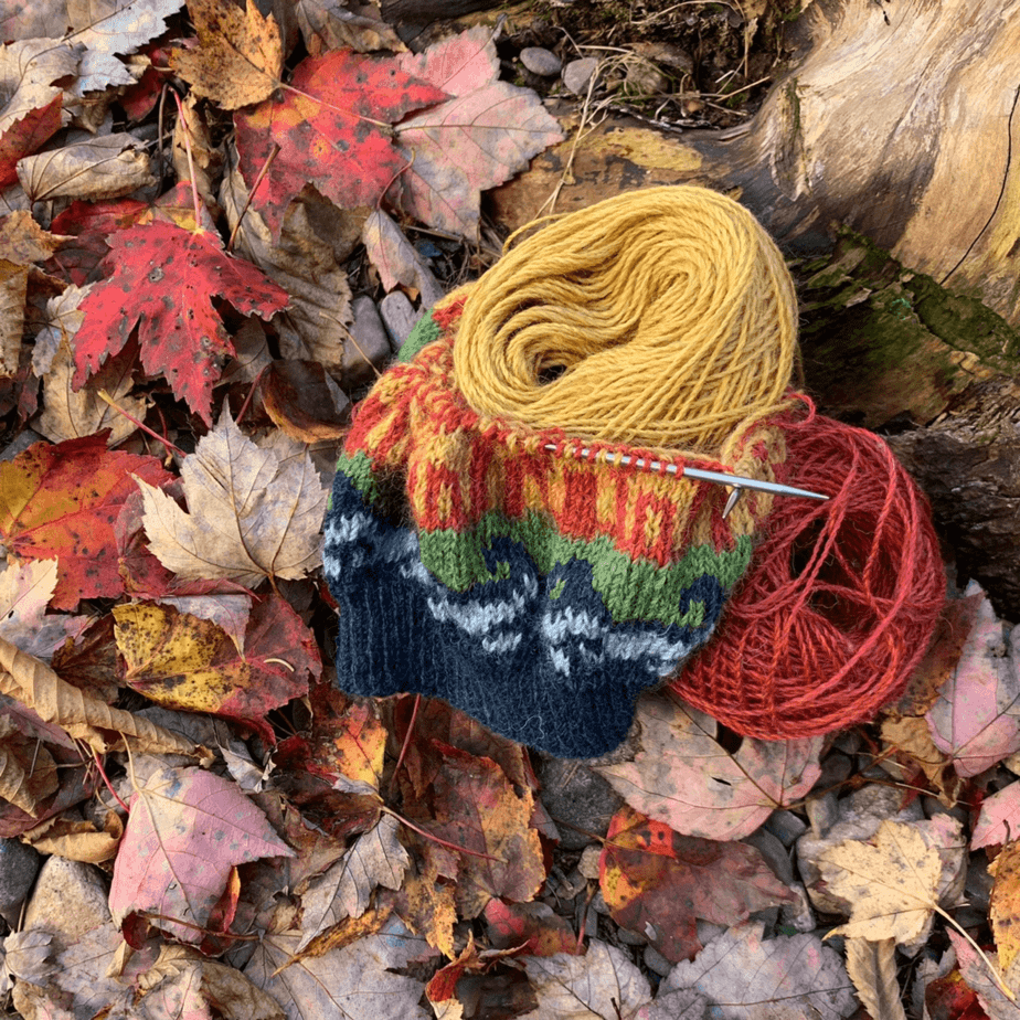 A half-knitted hat is lying on a pile of fallen leaves with a ball of yellow yarn and a ball of red yarn. The motif on the hat shows houses at the edge of water.