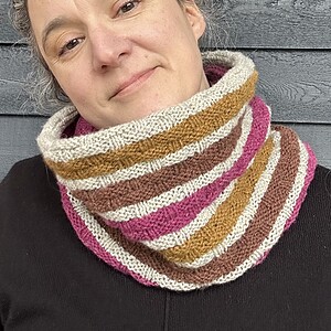 A white woman with brown eyes and silver hair is standing in front of a painted wooden wall and smiling at the camera. She wears a black sweater with a knitted cowl around her neck. It is striped in pale grey, ochre, brown and fucshia. It is knitted with a basketweave pattern.